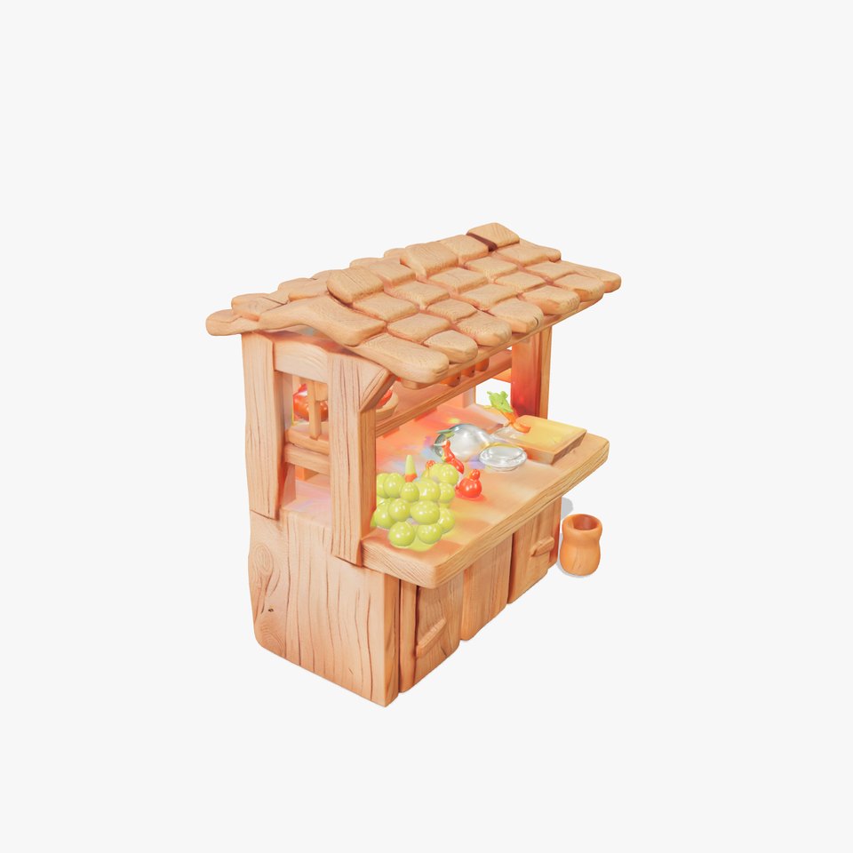 Rustic Wooden Market Stall with Produce model pack